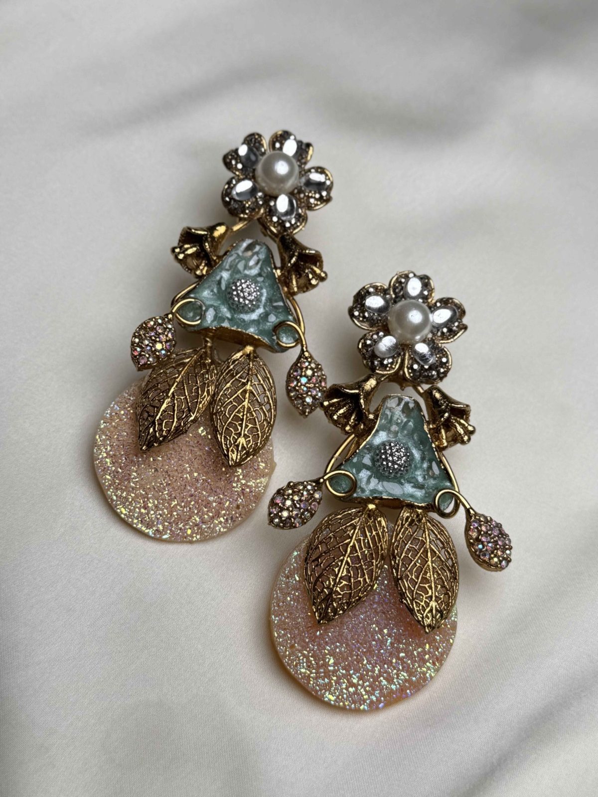 Pixie Bloom Crystal & Pearl Drop Earrings in Sea Green - Jewelist.pk