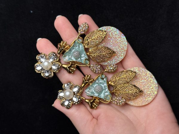 Pixie Bloom Crystal & Pearl Drop Earrings in Sea Green - Jewelist.pk