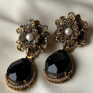Prism Petals Earrings – Black Gemstone Drop with Pearl and Gold – Jewelist.pk