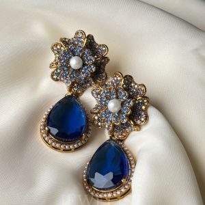 Prism Petals Earrings – Blue Teardrop with Pearl Floral Stud – Jewelist.pk