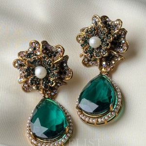 Prism Petals Earrings – Emerald Teardrop with Gold Plated Finish – Jewelist.pk