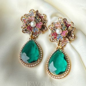Prism Petals Earrings – Emerald with Multi-Stone Floral Stud – Jewelist.pk