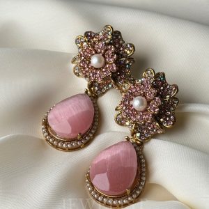 Prism Petals Earrings – Pink Teardrop Drop with Pearl Floral Top – Jewelist.pk