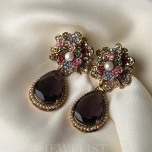 Prism Petals Earrings – Purple with Multi Teardrop and Gold Finish – Jewelist.pk