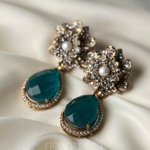 Prism Petals Earrings – Teal Gemstone Drop with Floral Top – Jewelist.pk