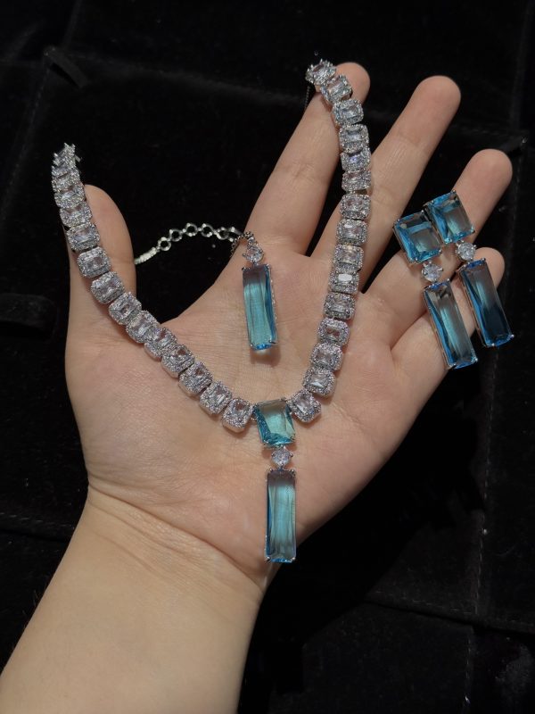 Twilight Rectangle Pendant Necklace and Earrings Set in Aqua