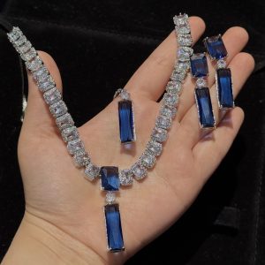Twilight Rectangle Pendant Necklace and Earrings Set in Blue