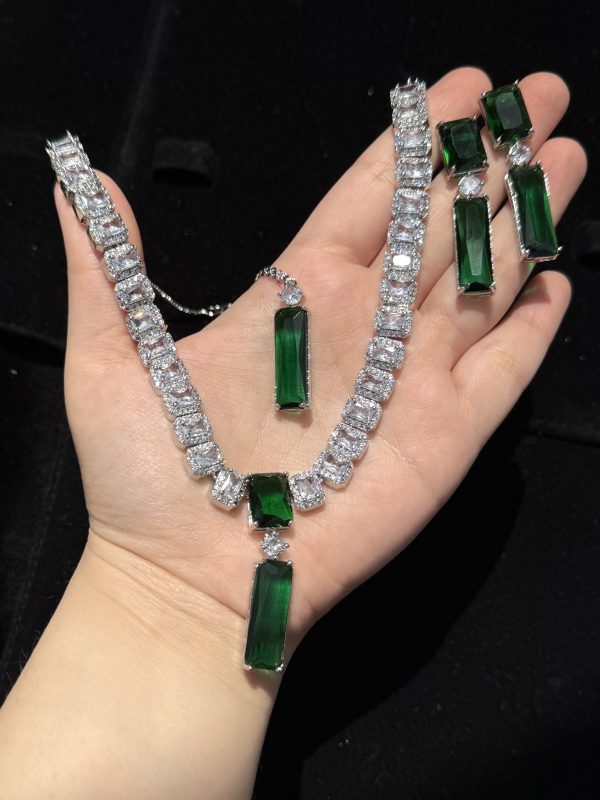 Twilight Rectangle Pendant Necklace and Earrings Set in Emerald Green