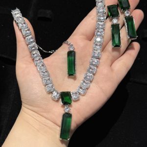 Twilight Rectangle Pendant Necklace and Earrings Set in Emerald Green