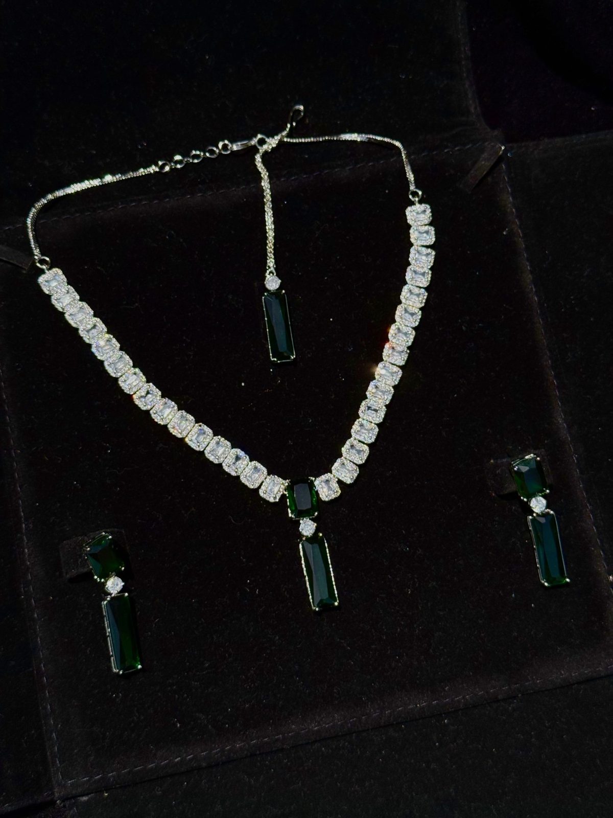 Twilight Rectangle Pendant Necklace and Earrings Set in Emerald Green
