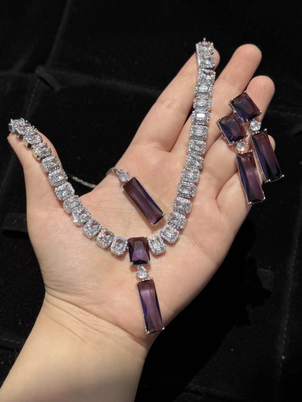 Twilight Rectangle Pendant Necklace and Earrings Set in Purple