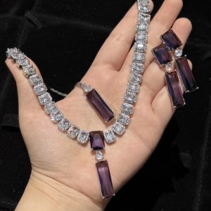 Twilight Rectangle Pendant Necklace and Earrings Set in Purple