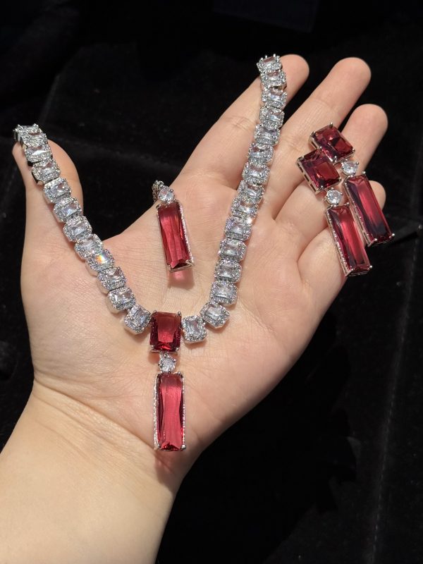 Twilight Rectangle Pendant Necklace and Earrings Set in Red