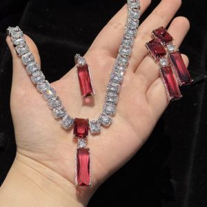 Twilight Rectangle Pendant Necklace and Earrings Set in Red