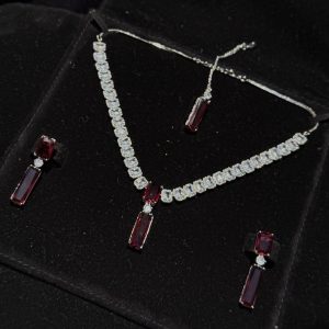 Twilight Rectangle Pendant Necklace and Earrings Set in Red