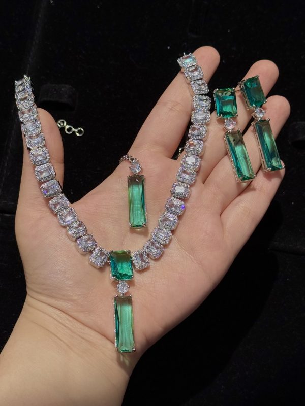 Twilight Rectangle Pendant Necklace and Earrings Set in Sea Green