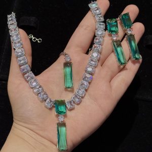 Twilight Rectangle Pendant Necklace and Earrings Set in Sea Green