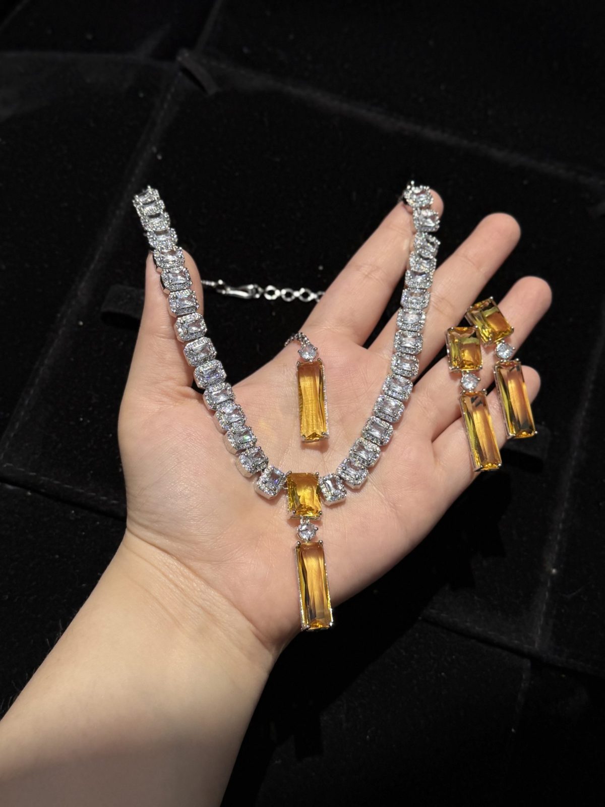 Twilight Rectangle Pendant Necklace and Earrings Set in yellow