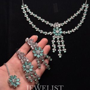 Turquoise Flora Elegance Necklace Set with Maang Tikka - Jewelist.pk Artificial Jewellery
