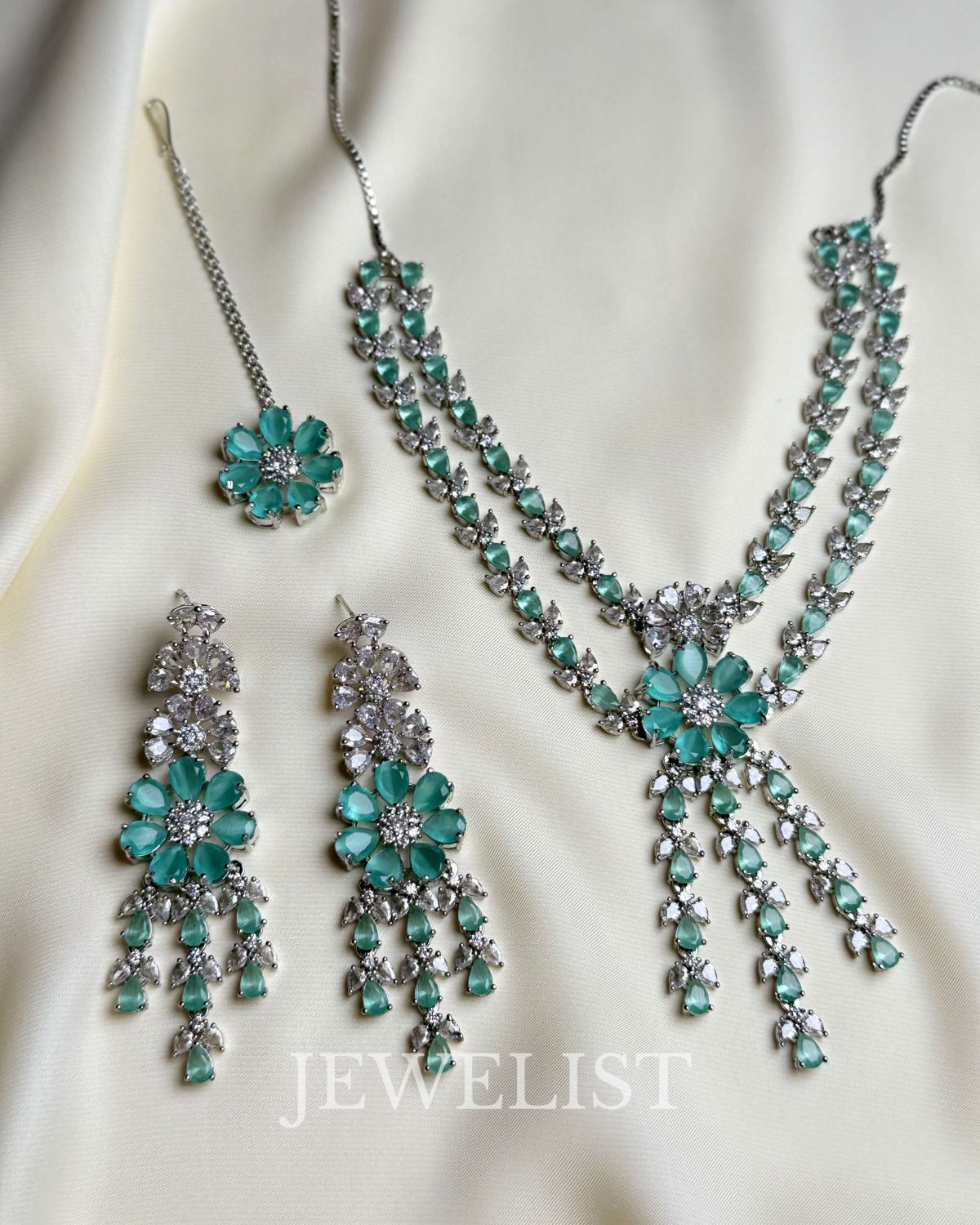 Turquoise Flora Elegance Necklace Set with Maang Tikka - Jewelist.pk Artificial Jewellery