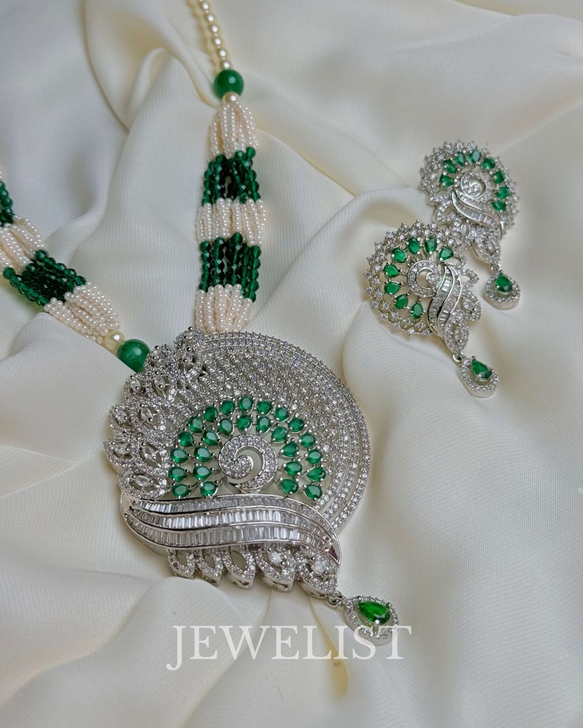 Garden of Pearls Pendant Necklace Set with Emerald Green Beads and Multi-Colored Stones - Jewelist.pk Artificial Jewellery
