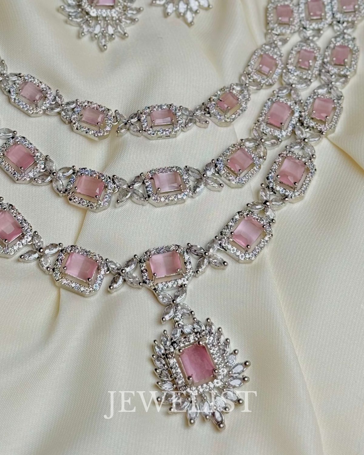 Multi-tiered Hue Set in Pink - Layered American Diamond Necklace and Earrings by Jewelist.pk