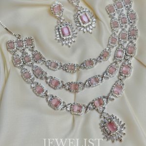 Multi-tiered Hue Set in Pink - Layered American Diamond Necklace and Earrings by Jewelist.pk