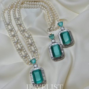 Timeless Pearl Mala Set with Aqua Pendant and Earrings - Artificial Jewellery by Jewelist.pk