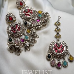 Arous Reverse AD Earrings Teeka Set - Multi-color Traditional Bridal Jewellery by Jewelist.pk