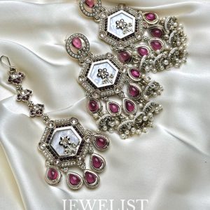 Dangling Reverse AD Jhumka Teeka Set in berry with Pearls by Jewelist.pk