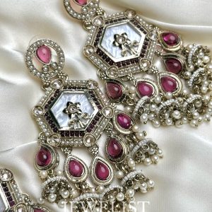 Dangling Reverse AD Jhumka Teeka Set in berry with Pearls by Jewelist.pk