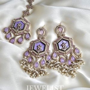 Dangling Reverse AD Jhumka Teeka Set in Lilac with Pearls by Jewelist.pk