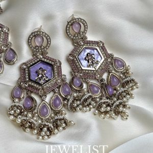 Dangling Reverse AD Jhumka Teeka Set in Lilac with Pearls by Jewelist.pk