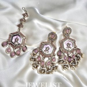 Dangling Reverse AD Jhumka Teeka Set in pink with Pearls by Jewelist.pk