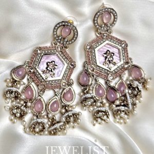Dangling Reverse AD Jhumka Teeka Set in pink with Pearls by Jewelist.pk