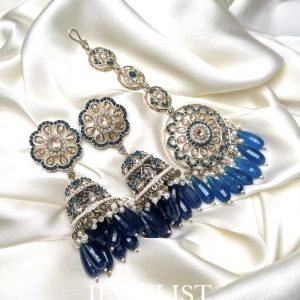 Dazzling Flower Reverse AD Jhumka Set - Colorful Artificial Jhumka Earrings in Blue by Jewelist.pk