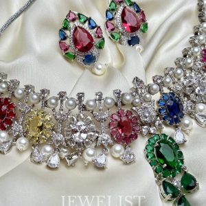 Luxury Bloom Spectrum Set - 7-Color Jewel Necklace with Pearls and Matching Earrings by Jewelist.pk