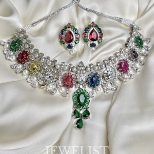 Luxury Bloom Spectrum Set - 7-Color Jewel Necklace with Pearls and Matching Earrings by Jewelist.pk