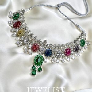 Luxury Bloom Spectrum Set - 7-Color Jewel Necklace with Pearls and Matching Earrings by Jewelist.pk