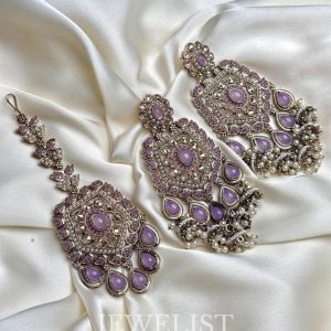 Marya Reverse AD Earrings Teeka Set in Lilac with Floral Design and Pearls by Jewelist.pk
