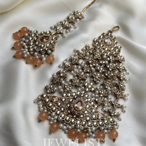 Noor Jhomer Teeka - Exquisite Champagne Bridal Headpiece with Pearls and Crystals by Jewelist.pk
