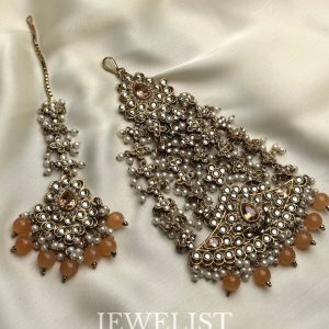 Noor Jhomer Teeka - Exquisite Champagne Bridal Headpiece with Pearls and Crystals by Jewelist.pk
