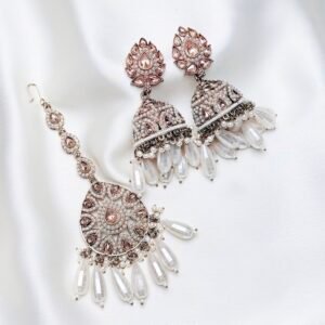 Enchanting Safeena Teeka Jhumka Set - Reverse AD Jhumka Earrings with Maang Teeka in white by Jewelist.pk