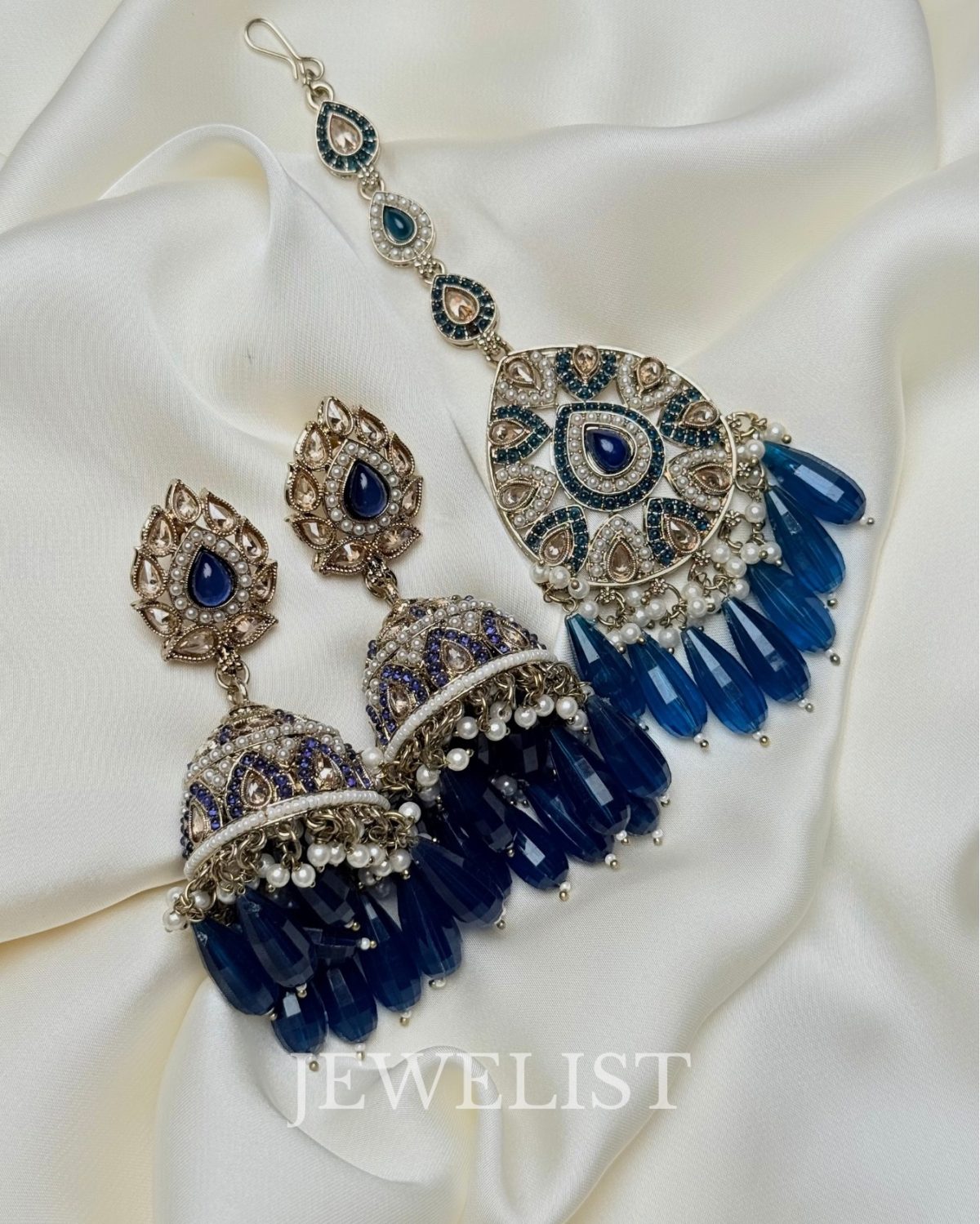 Enchanting Safeena Teeka Jhumka Set - Reverse AD Jhumka Earrings with Maang Teeka in Blue by Jewelist.pk
