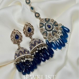 Enchanting Safeena Teeka Jhumka Set - Reverse AD Jhumka Earrings with Maang Teeka in Blue by Jewelist.pk