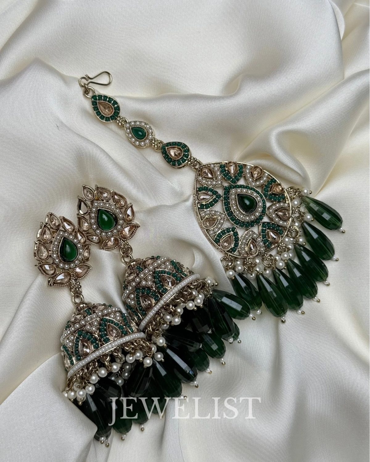 Enchanting Safeena Teeka Jhumka Set - Reverse AD Jhumka Earrings with Maang Teeka in Green by Jewelist.pk