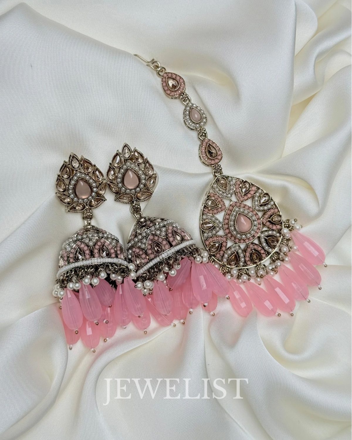Enchanting Safeena Teeka Jhumka Set - Reverse AD Jhumka Earrings with Maang Teeka in Pink by Jewelist.pk