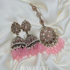 Enchanting Safeena Teeka Jhumka Set - Reverse AD Jhumka Earrings with Maang Teeka in Pink by Jewelist.pk