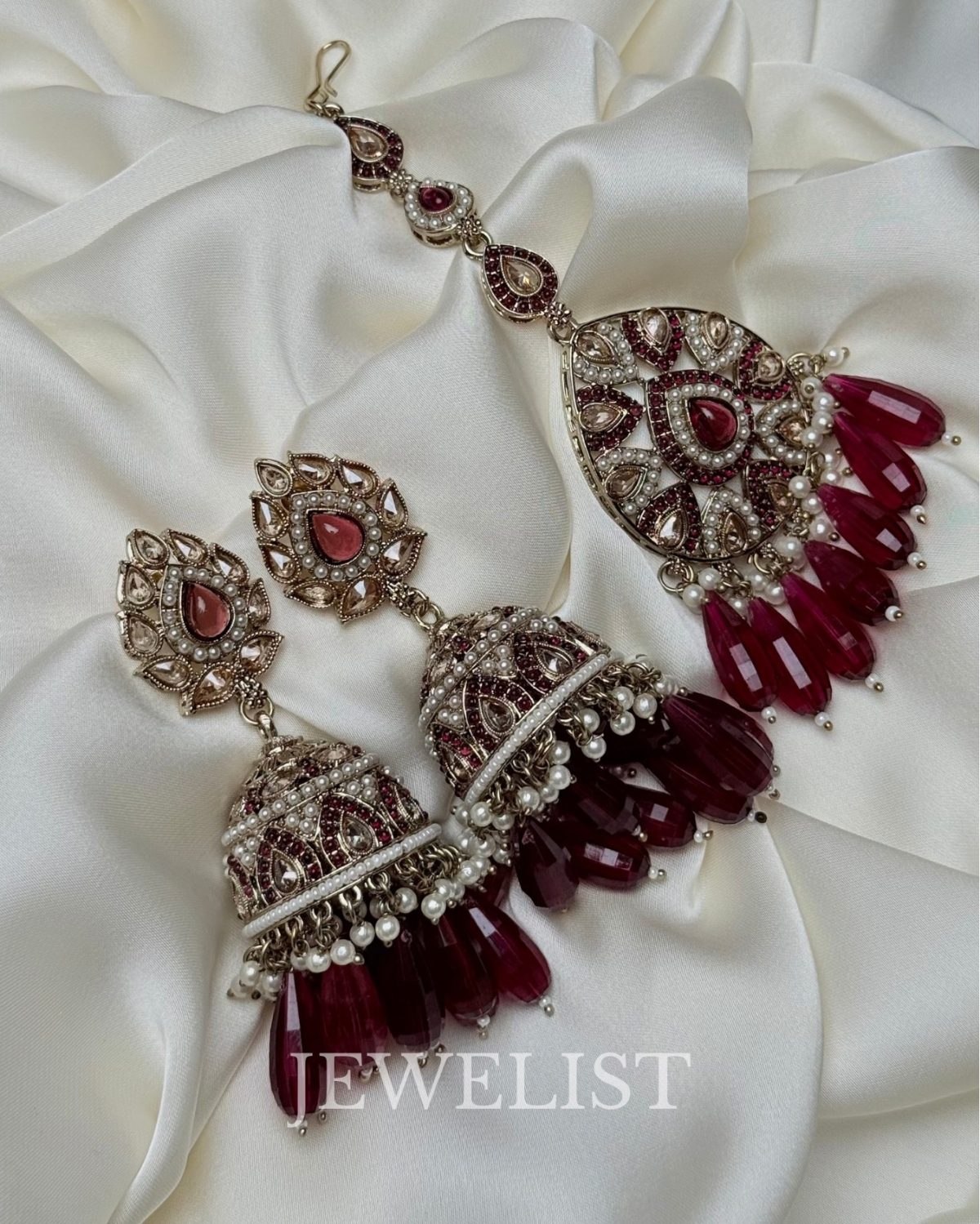 Enchanting Safeena Teeka Jhumka Set - Reverse AD Jhumka Earrings with Maang Teeka in Plum by Jewelist.pk