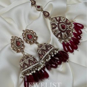 Enchanting Safeena Teeka Jhumka Set - Reverse AD Jhumka Earrings with Maang Teeka in Plum by Jewelist.pk